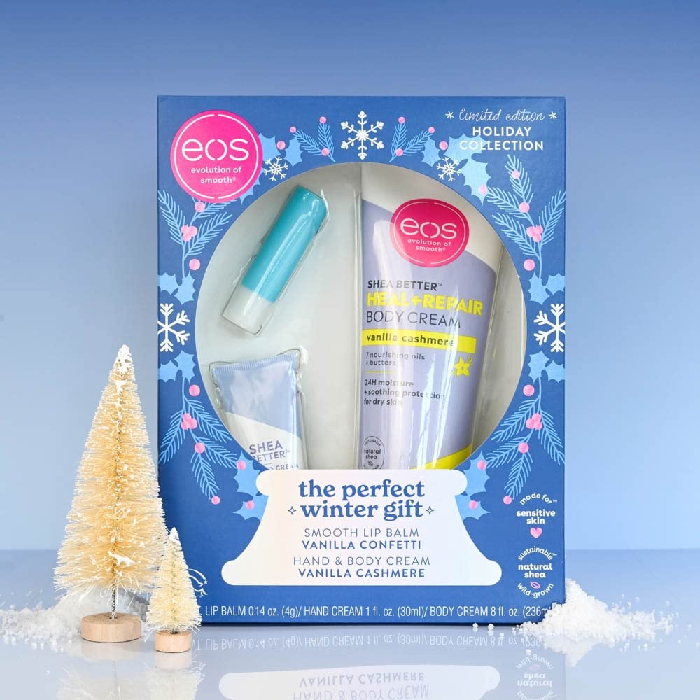 EOS Holiday Collection The Perfect Winter Gift Smooth Lip Balm Vanilla Confetti Hand & Body Cream Vanilla Cashmere