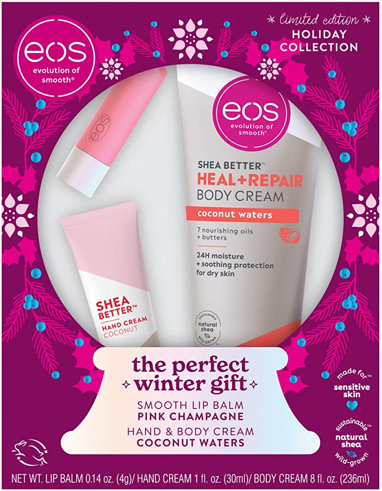 EOS Holiday Collection The Perfect Winter Gift Smooth Lip Balm Pink Champagne Hand & Body Cream Coconut Waters